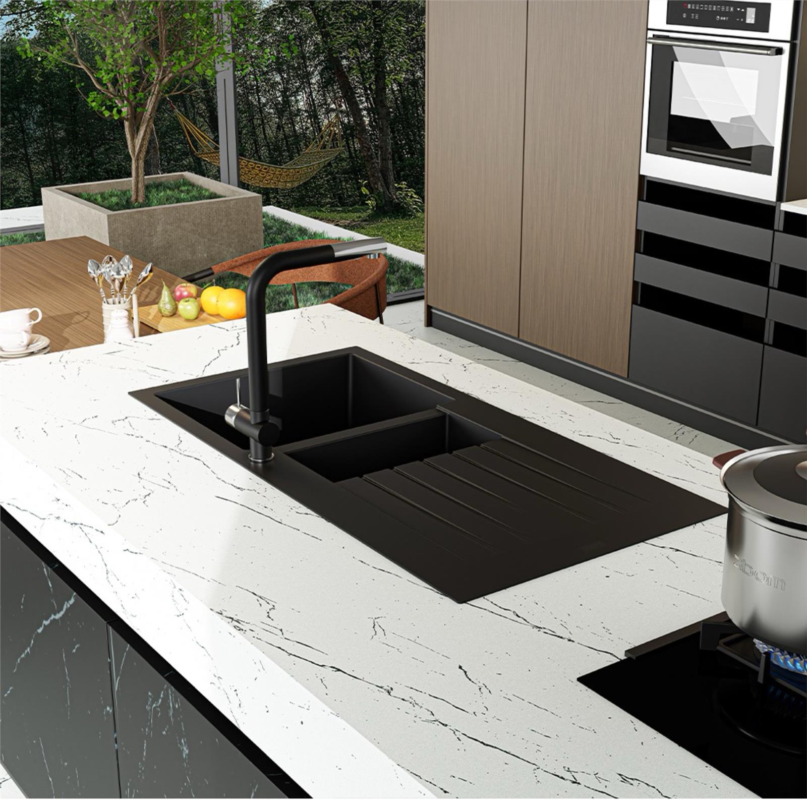 Liquida GRN150BL 1.5 Bowl Black Granite Reversible Kitchen Sink With Wastes